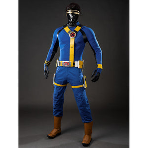 Cyclops Scott Summers cosplay costume angles blue jumpsuit panels beneath yellow chest harness straps.