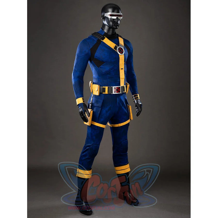 COSFUN Cyclops cosplay costume layers a blue bodysuit under yellow harness straps and a red belt.