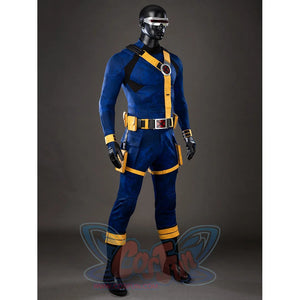 Cyclops cosplay costume angles the blue bodysuit beneath yellow straps and utility pouches.
