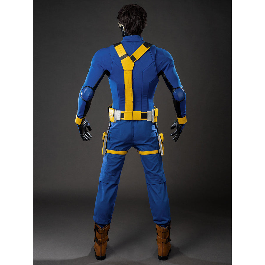 Cyclops Scott Summers cosplay costume back view frames yellow harness straps over a blue jumpsuit.