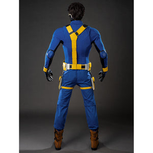 Cyclops Scott Summers cosplay costume back view frames yellow harness straps over a blue jumpsuit.