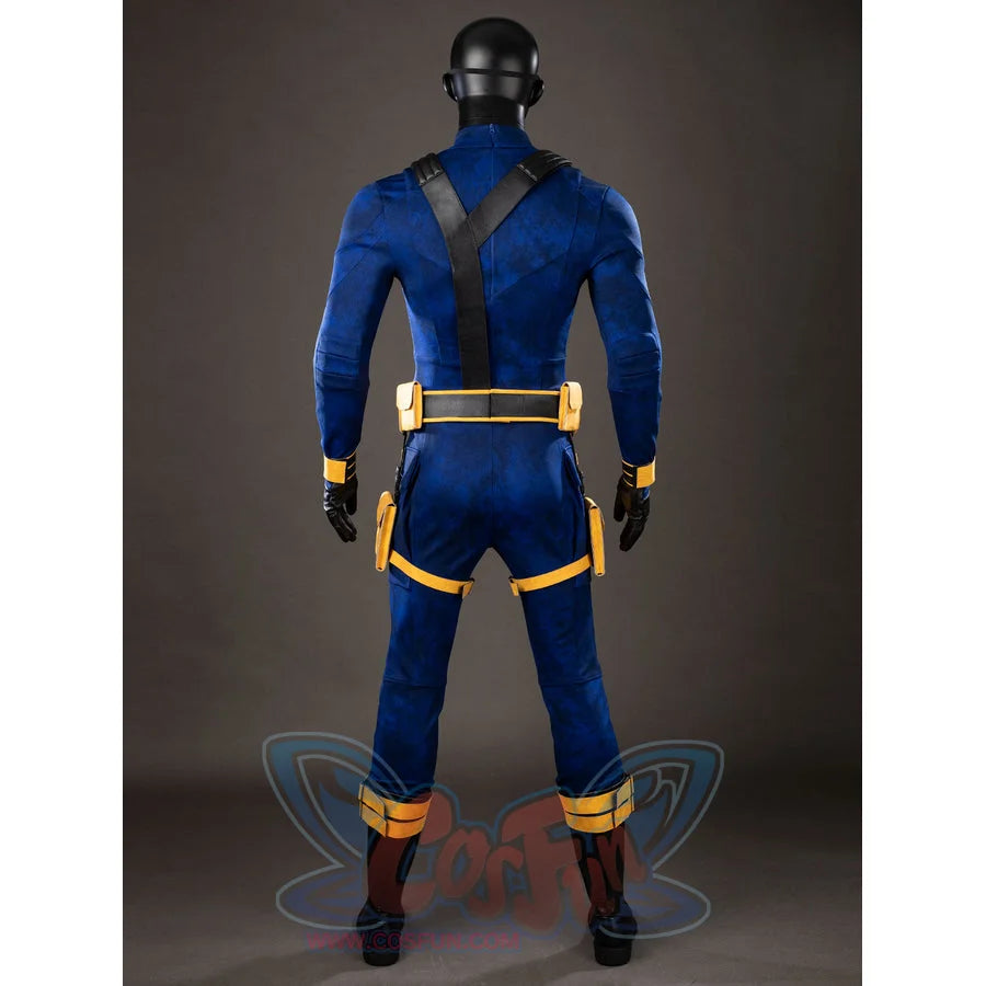 Cyclops cosplay costume back view frames the blue suit with crossed black harness straps.