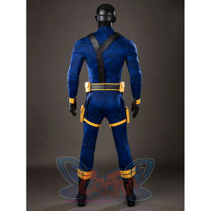 Cyclops cosplay costume back view frames the blue suit with crossed black harness straps.