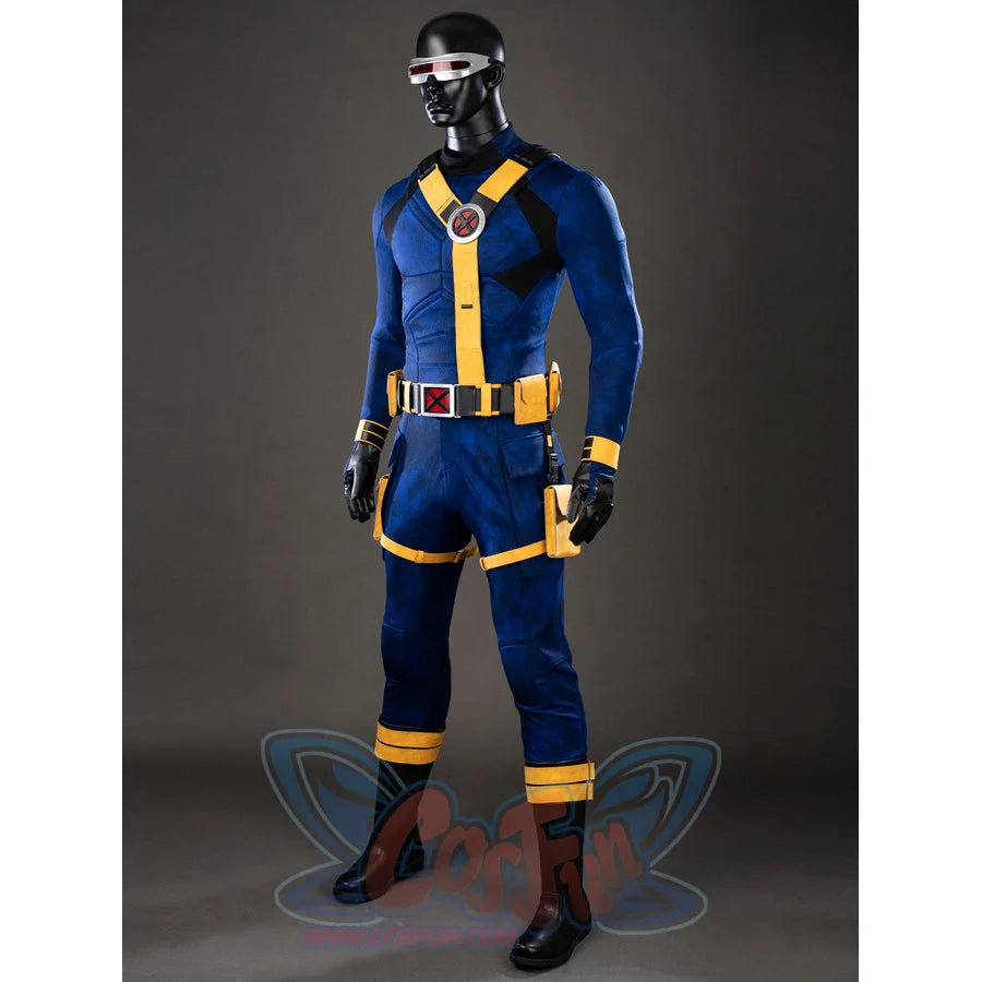 Cyclops cosplay costume sets the chest emblem above a red buckle and yellow belt pouches.