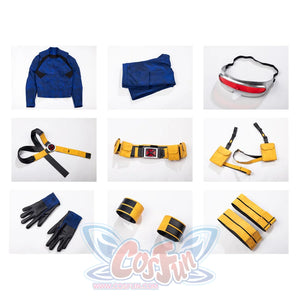 Cyclops cosplay costume flat lay presents the full outfit layout in a clear overview.