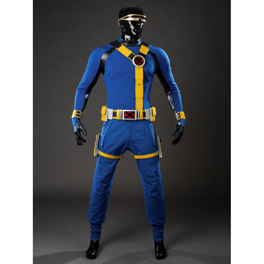 Cyclops Scott Summers cosplay costume front view anchors a yellow belt over the blue jumpsuit.