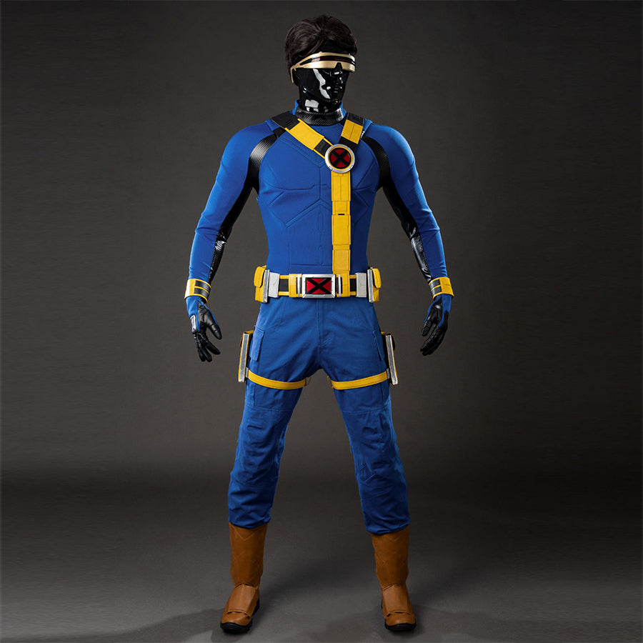 COSFUN Cyclops Scott Summers cosplay costume layers a blue jumpsuit under yellow harness straps.