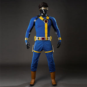 COSFUN Cyclops Scott Summers cosplay costume layers a blue jumpsuit under yellow harness straps.