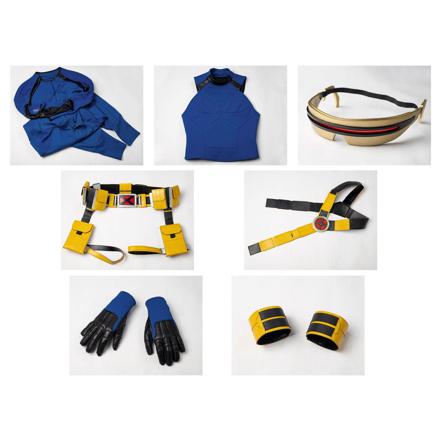 Cyclops Scott Summers cosplay costume flat lay arranges the blue bodysuit beside the accessory set.