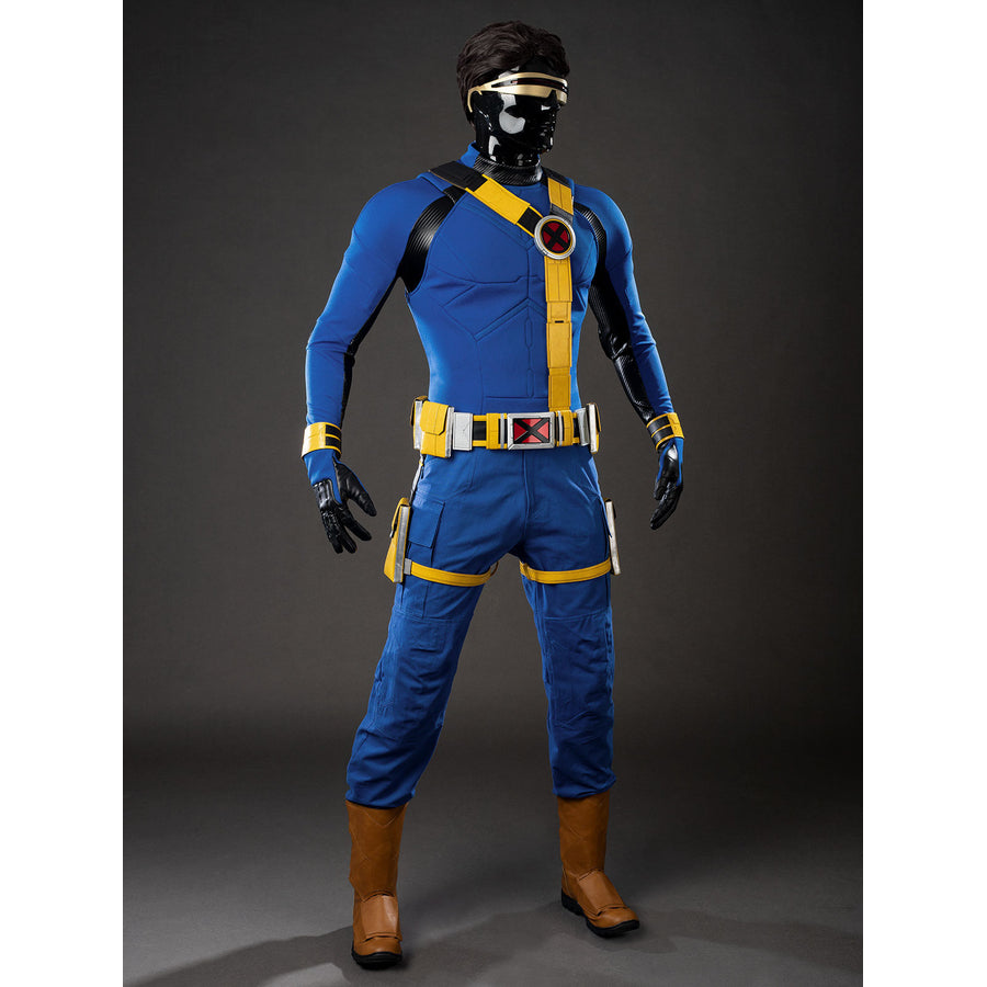 Cyclops Scott Summers cosplay costume sets a blue jumpsuit under yellow straps and a utility belt.