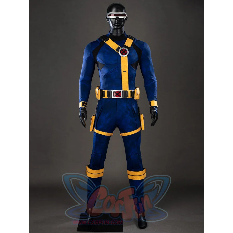 Cyclops cosplay costume front view balances the red visor above a yellow belt and lower-leg bands.