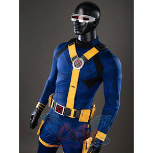 Cyclops cosplay costume torso angles the visor, chest harness and yellow belt pouches.
