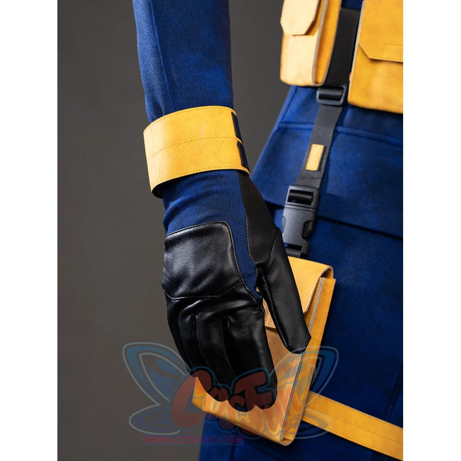 Cyclops cosplay glove and cuff detail frames black fingers beside a yellow thigh pouch.