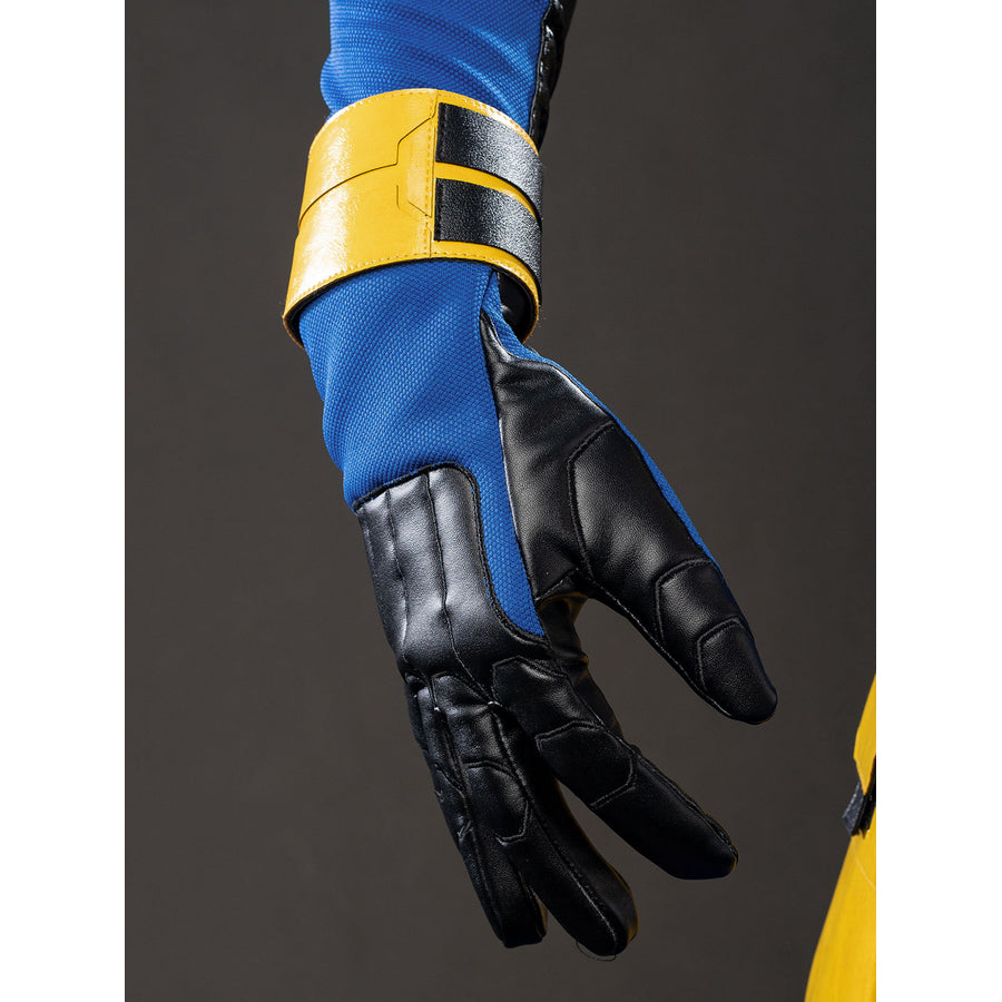 Cyclops Scott Summers cosplay glove detail frames black fingers below a yellow wrist cuff.