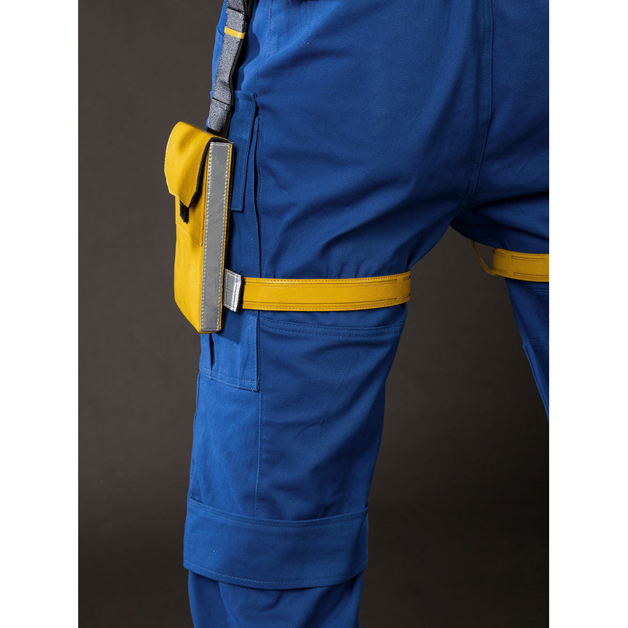 Cyclops Scott Summers cosplay leg pouch detail layers yellow straps beside blue cargo pants.