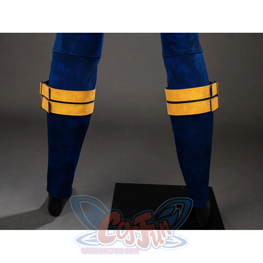 Cyclops cosplay lower-leg detail pairs blue fabric panels with double yellow bands.