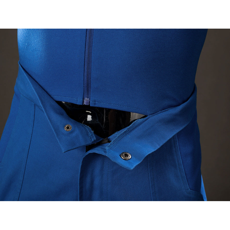 Cyclops Scott Summers cosplay pants closure detail opens to snap tabs below the blue bodysuit.