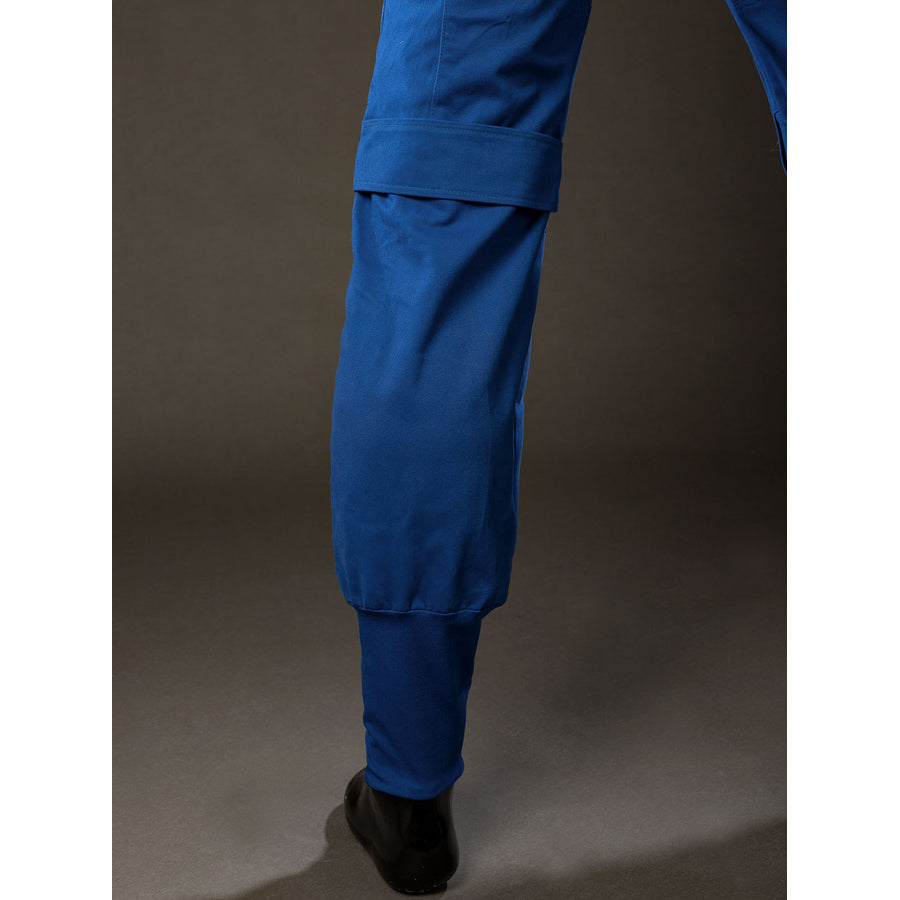 Cyclops Scott Summers cosplay pants leg detail frames a tapered blue cuff above black trim.