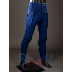 Cyclops cosplay pants side view traces blue leg panels and a yellow thigh strap.