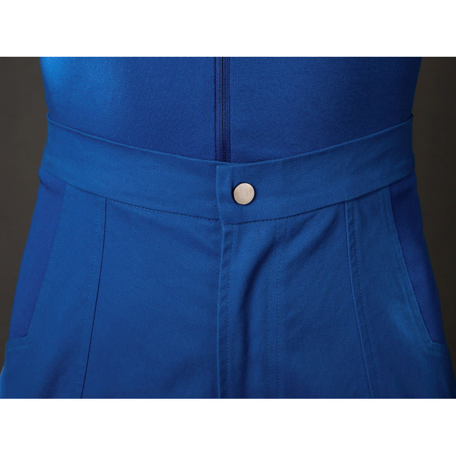 Cyclops Scott Summers cosplay pants detail sets a blue waistband over snap closure and front pleats.