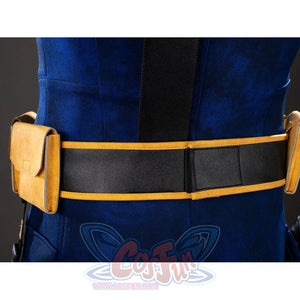 Cyclops cosplay rear belt close-up sets black and yellow bands across the blue bodysuit.