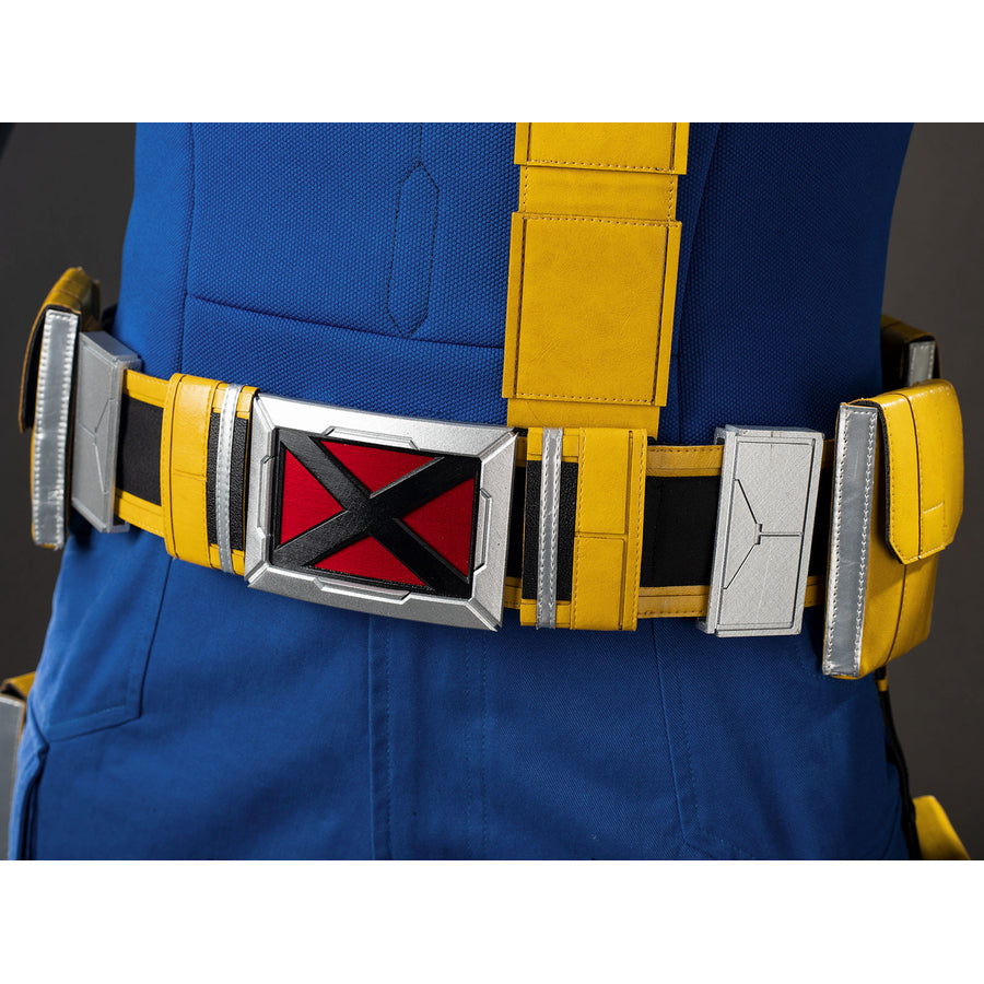 Cyclops Scott Summers cosplay belt close-up centers a red X buckle between yellow and gray panels.