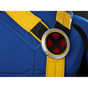 Cyclops Scott Summers cosplay chest emblem close-up anchors a red X within a silver-tone frame.