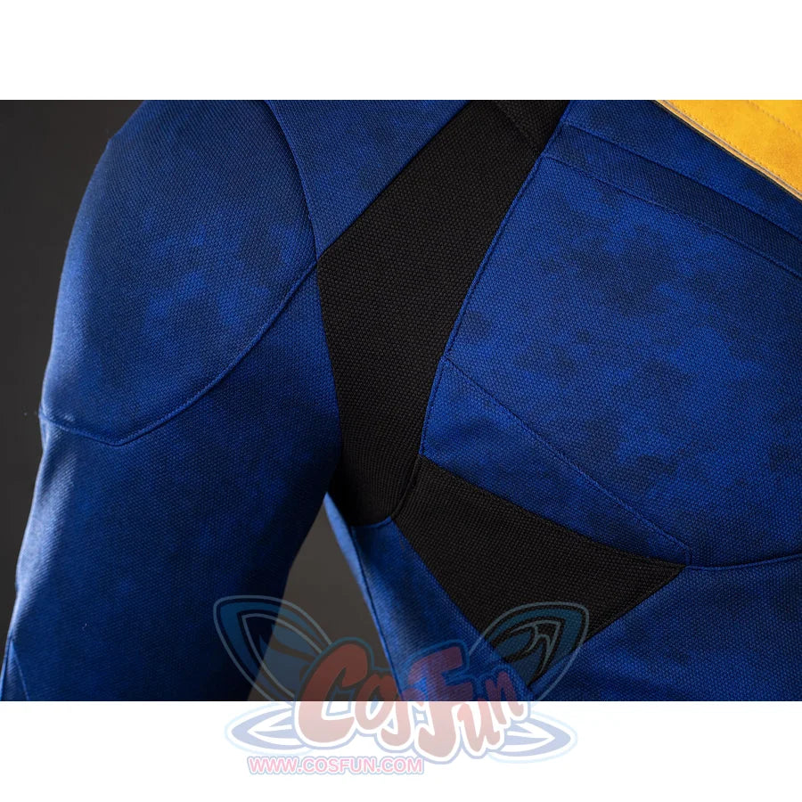 Cyclops cosplay shoulder panel detail layers black inserts against mottled blue sleeves.