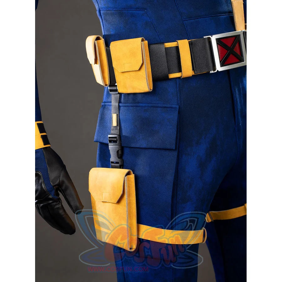 Cyclops cosplay thigh pouch detail drops from a black strap beside the yellow leg band.