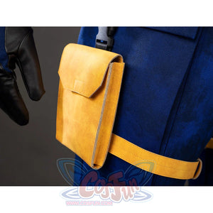 Cyclops cosplay utility pouch close-up highlights yellow flap stitching and side trim.