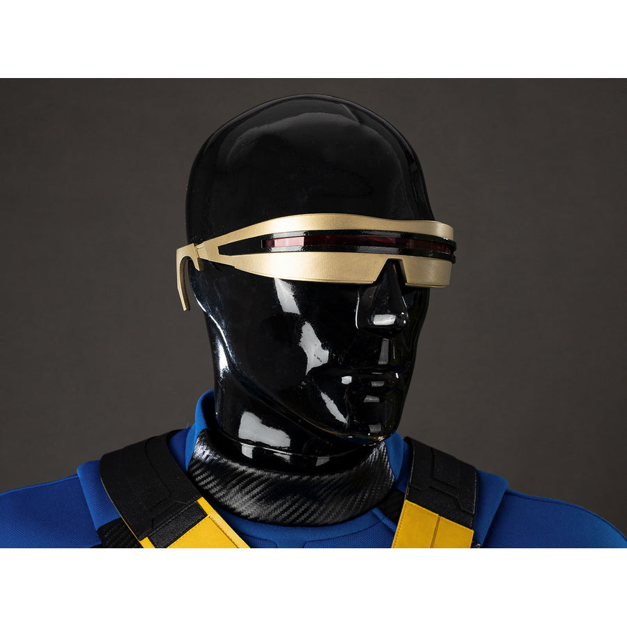 Cyclops Scott Summers cosplay glasses close-up sets a red slit inside a gold-tone visor frame.