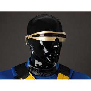 Cyclops Scott Summers cosplay glasses close-up sets a red slit inside a gold-tone visor frame.