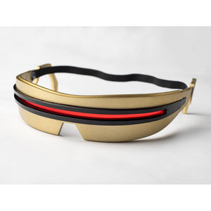 Cyclops Scott Summers cosplay glasses detail centers a red visor slit inside a gold-tone frame.