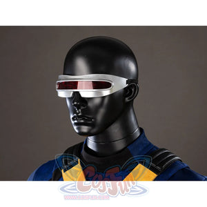 Cyclops cosplay visor side view sets the red lens over the yellow chest harness.