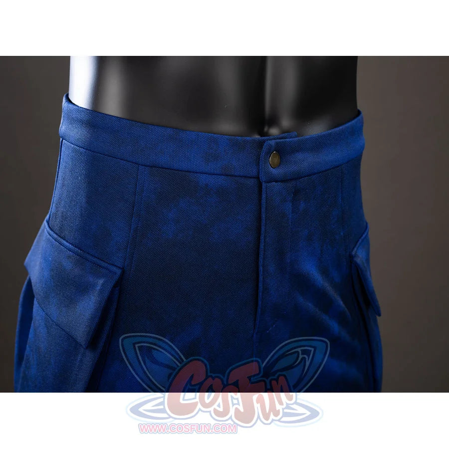 Cyclops cosplay waistband detail centers the blue pants front beneath the snap closure and fitted top edge.
