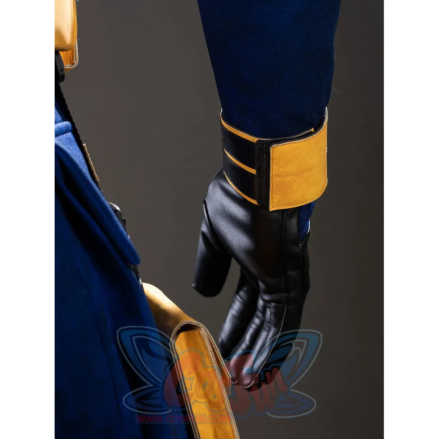 Cyclops cosplay wrist guard detail pairs black gloves with yellow cuffs and a side pouch.