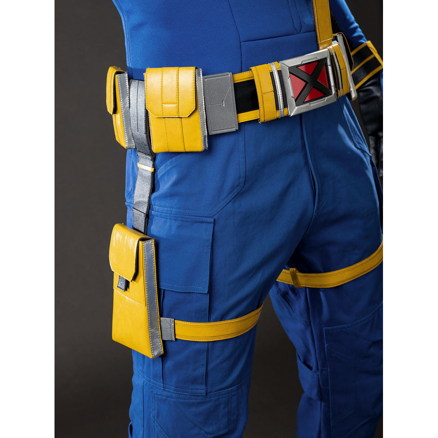 Cyclops Scott Summers cosplay thigh pouch detail layers yellow holster panels beside blue pants.