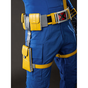 Cyclops Scott Summers cosplay thigh pouch detail layers yellow holster panels beside blue pants.