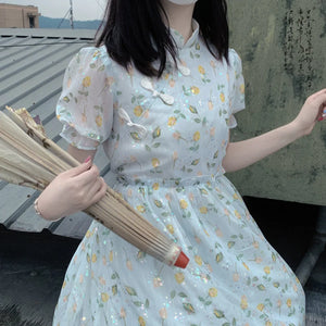 Soft Girl Floral Bubble Sleeve Cute Modified Qipao Dress - cosfun