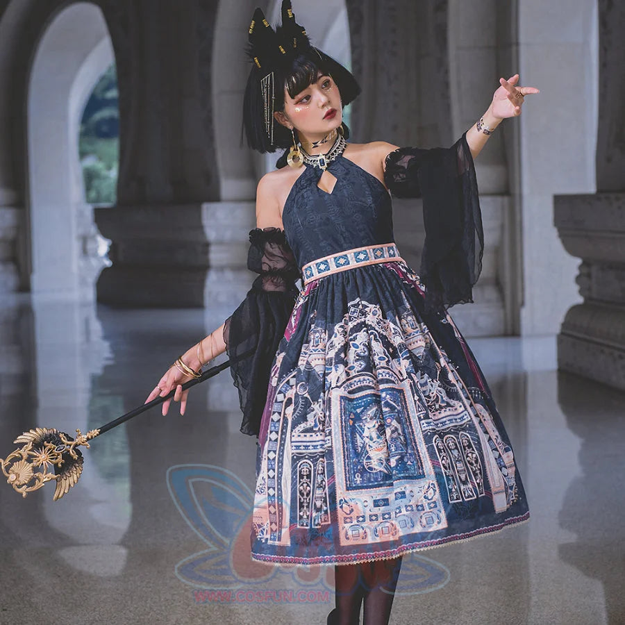 Egypt Style Lolita Backless Neck Dress Dark Blue / XS