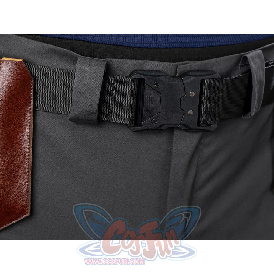 Daredevil: Born Again Bullseye cosplay back belt detail shows black buckles and gray pants beneath a brown side strap