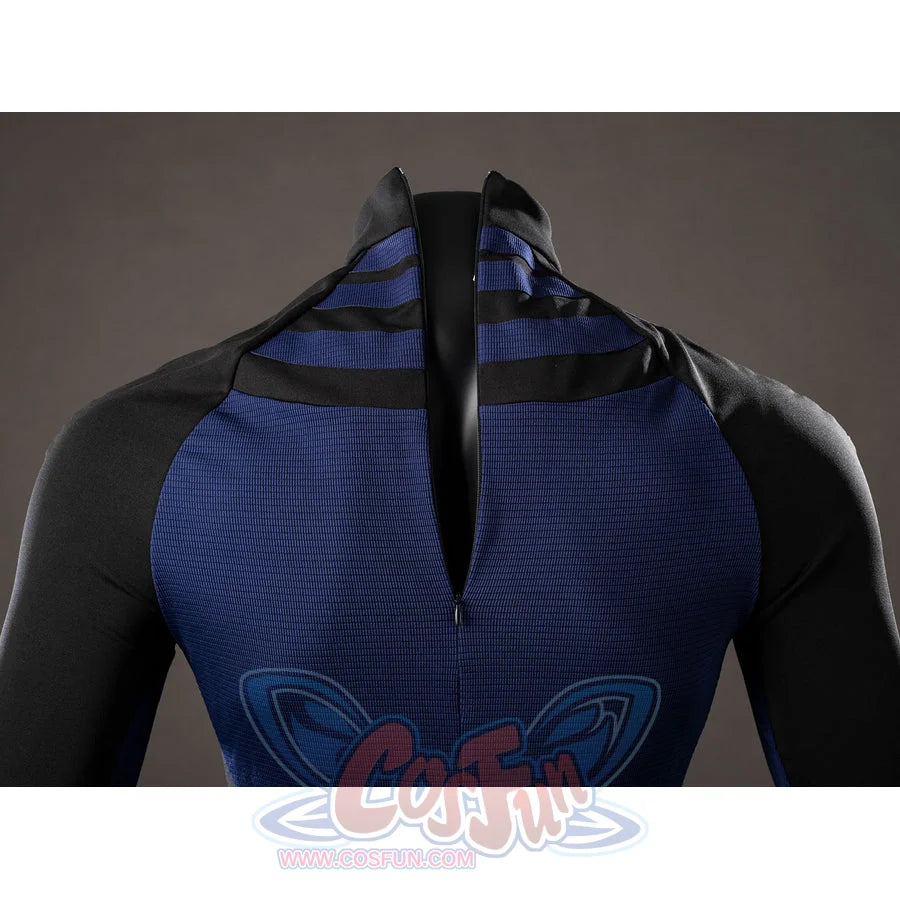 Daredevil: Born Again Bullseye cosplay back neck detail shows the blue top opening between black shoulder panels