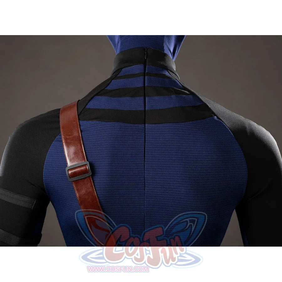 Daredevil: Born Again Bullseye cosplay back detail follows the brown shoulder strap over blue and black upper fabric