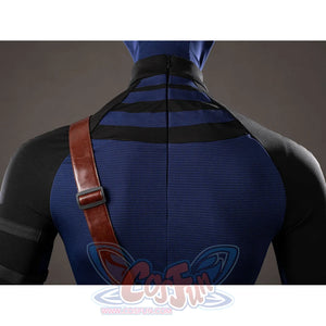 Daredevil: Born Again Bullseye cosplay back detail follows the brown shoulder strap over blue and black upper fabric