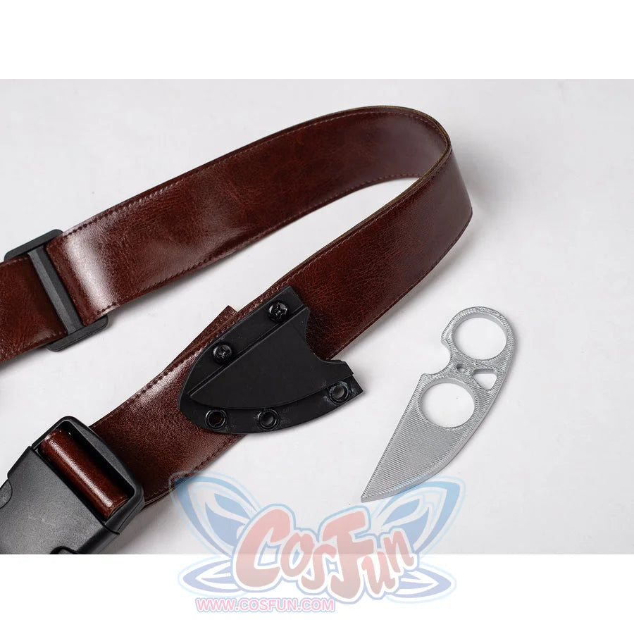 Daredevil: Born Again Bullseye cosplay belt sheath detail pairs a brown strap with a silver blade-shaped prop