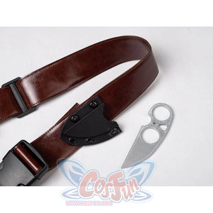 Daredevil: Born Again Bullseye cosplay belt sheath detail pairs a brown strap with a silver blade-shaped prop