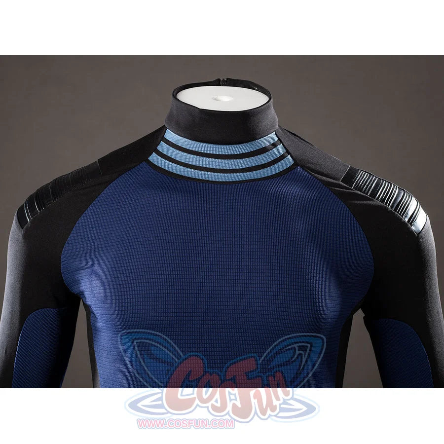 Daredevil: Born Again Bullseye cosplay top detail centers the blue chest panel below pale striped collar bands