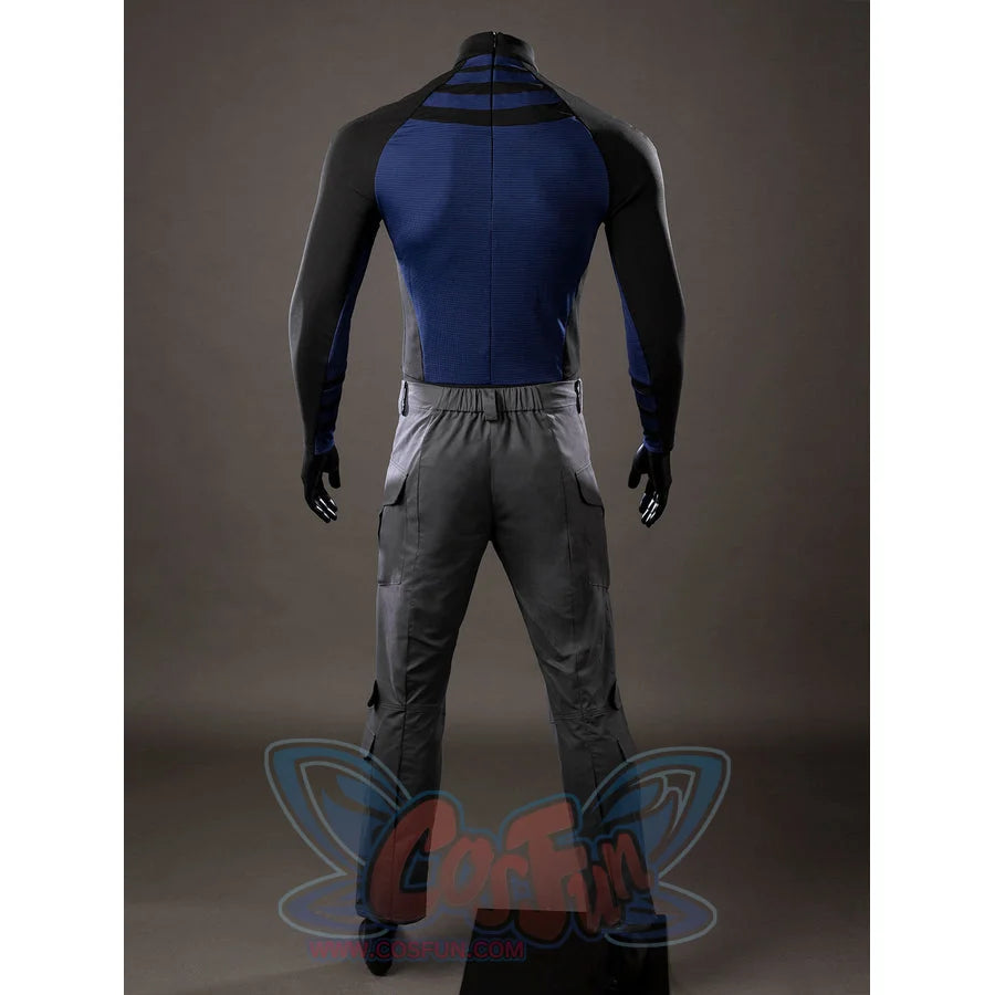 Daredevil: Born Again Bullseye cosplay costume back view follows the blue back panel down into gray pants