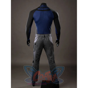 Daredevil: Born Again Bullseye cosplay costume back view follows the blue back panel down into gray pants