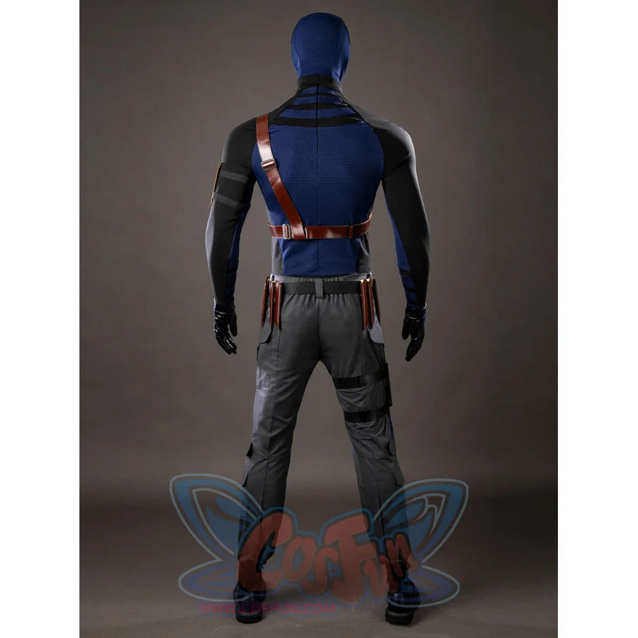Daredevil: Born Again Bullseye cosplay costume back view shows the blue back panel framed by black sleeves and gray pants